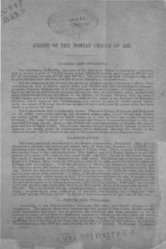 India - Census of the City of Maharashtra, and Island - Census 1881