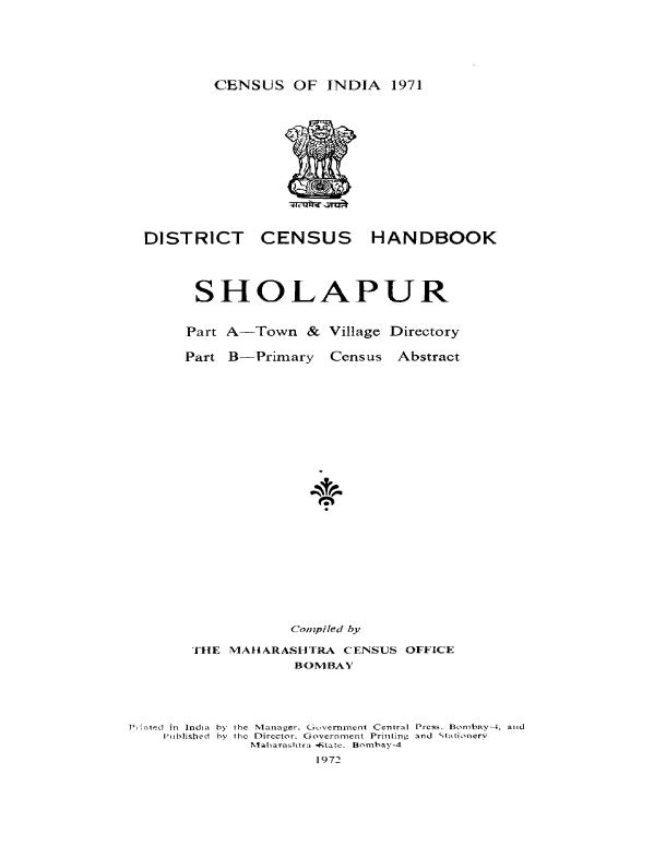 India - District Census Handbook, Sholapur, Part A B - Census 1971