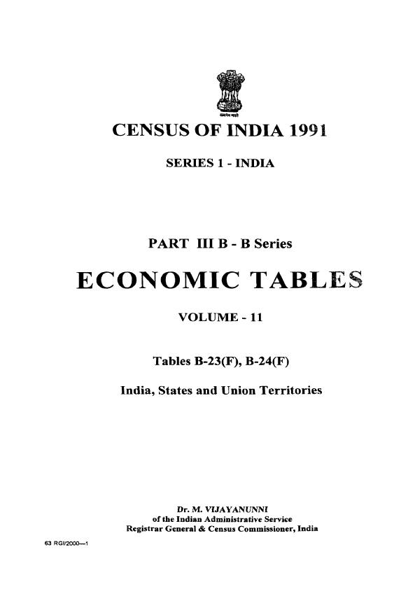 India - Economic Tables, Part III B-B Series, Volume-11, Series 1 ...