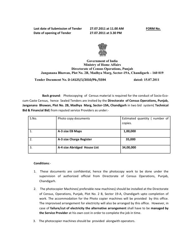 India - Tender for Photocopying of Census Material ( DCO-Punjab )