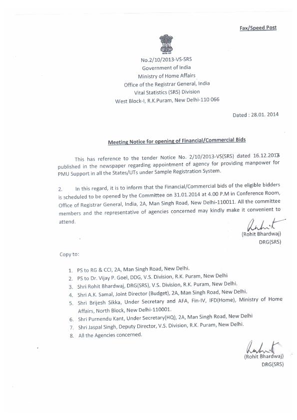 India - Meeting Notice for openning of Financial/Commercial Bids ...