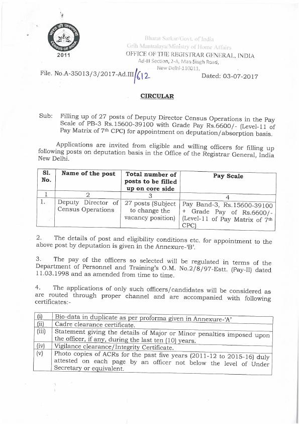 india-filling-up-of-27-posts-of-deputy-director-census-operations-in